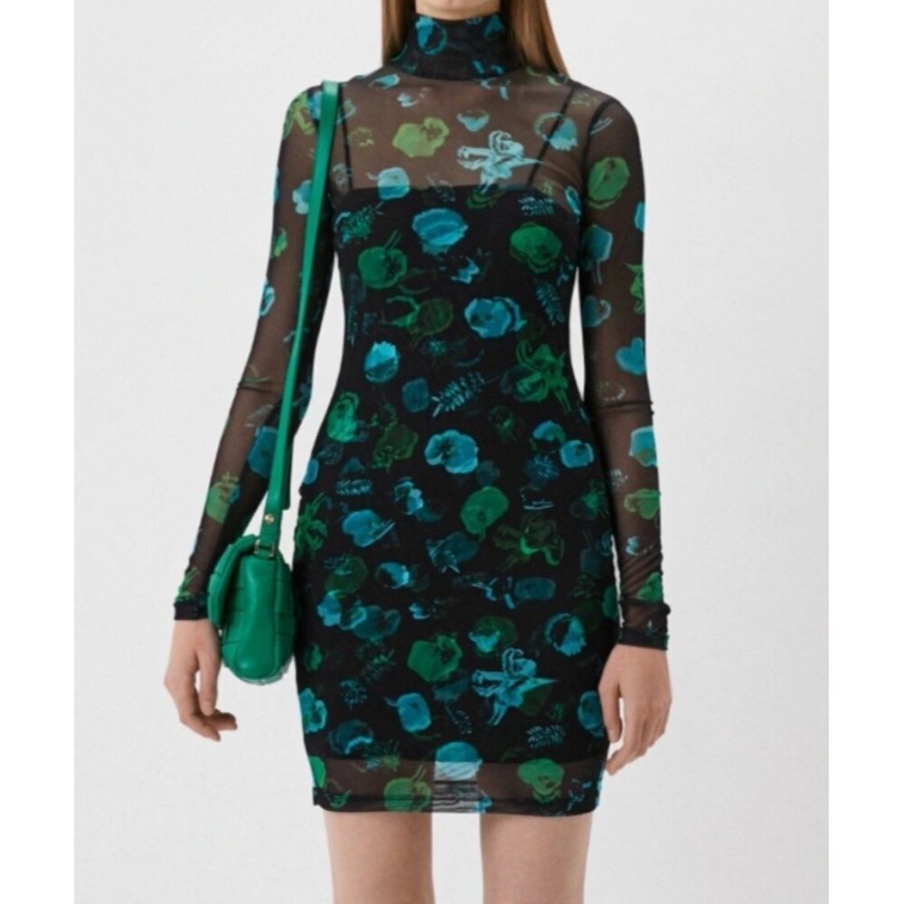 Bimba Y Lola Mesh Floral Long Sleeve Mock Neck Dress Whimsigoth 90s Festival S